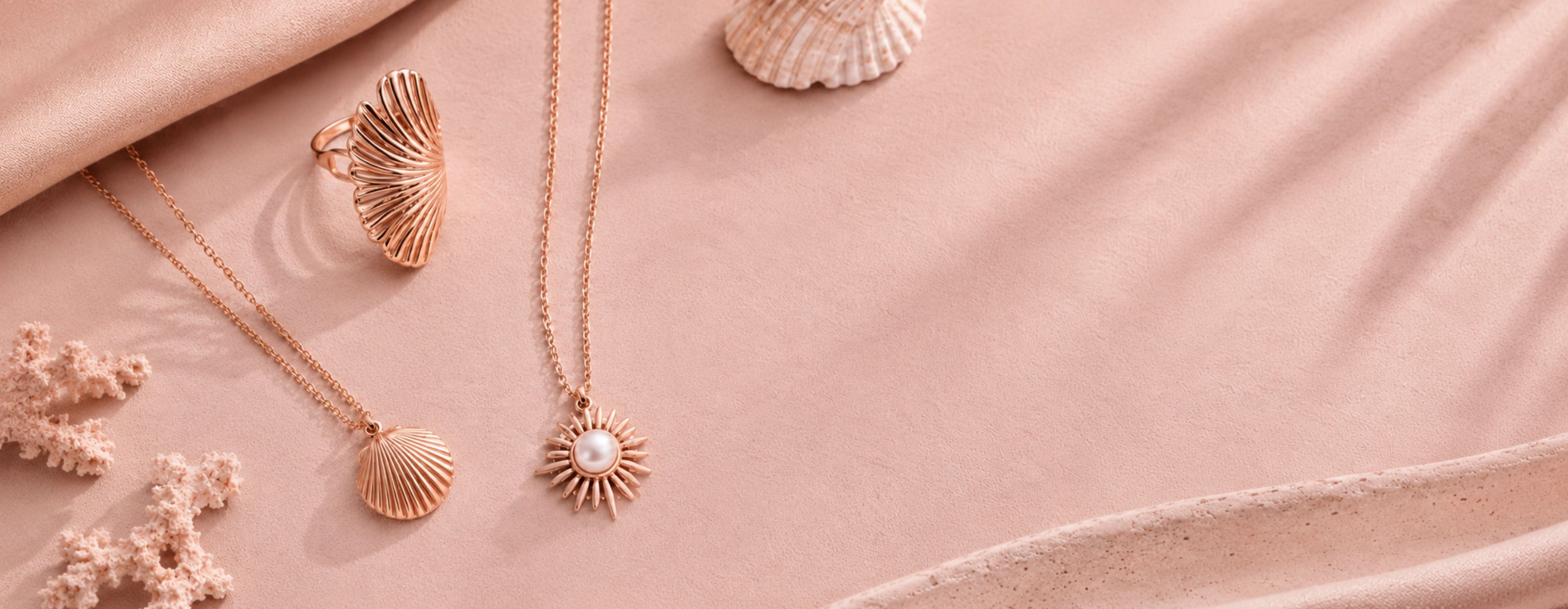 Rose gold shell-shaped jewelry on a pink fabric background
